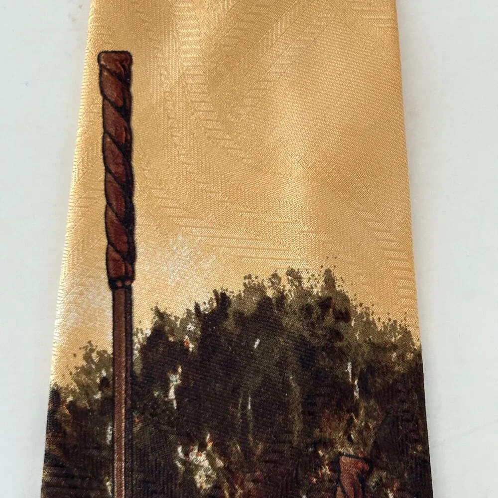 Polo By Ralph Lauren Golf Scene Neck Tie Gold Multicolor Silk Hand Made USA VTG